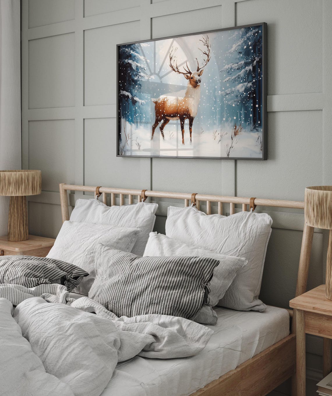 Reindeer in Falling Snow Blue Winter Forest Vintage Painting Poster - Image 2