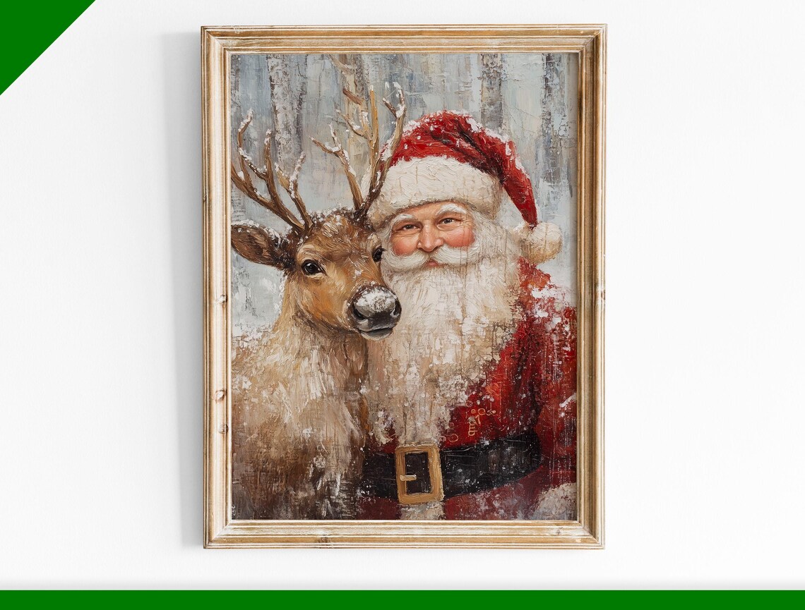 Santa Claus with Reindeer Snow Dusted Portrait Christmas Scene Poster