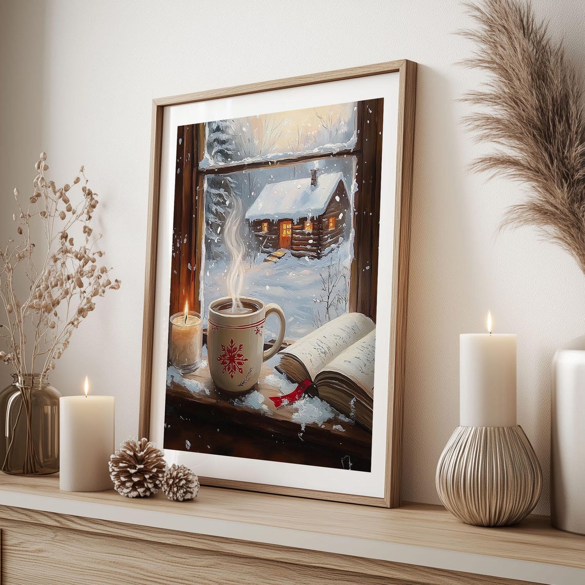 Cozy Cocoa Mug by Frosty Window Snowy Cabin View Winter Wall Art - Image 5