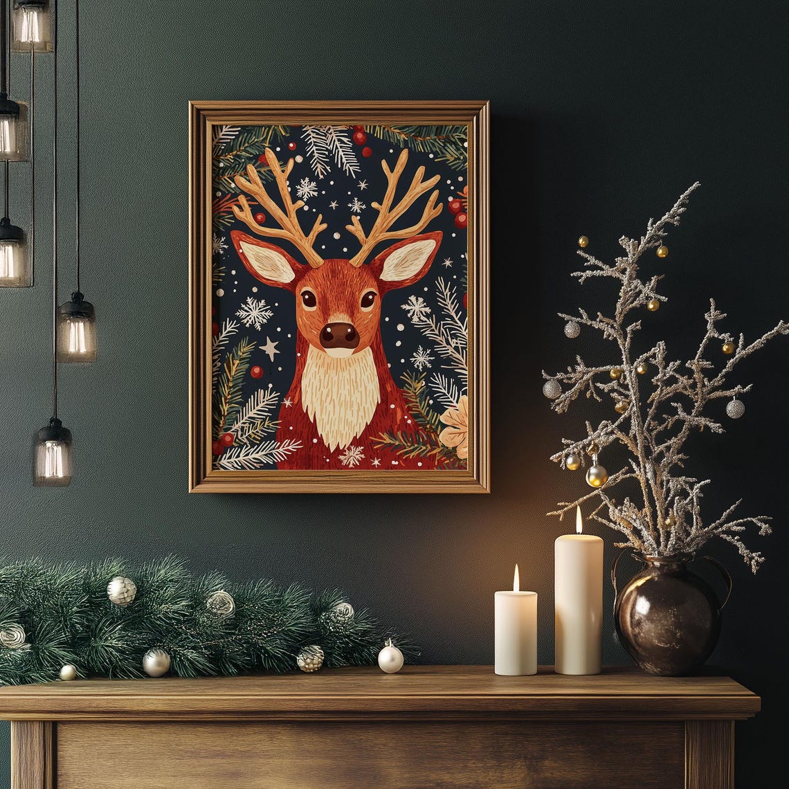 Folk Art Reindeer Head with Pine and Berries Navy Christmas Poster - Image 5