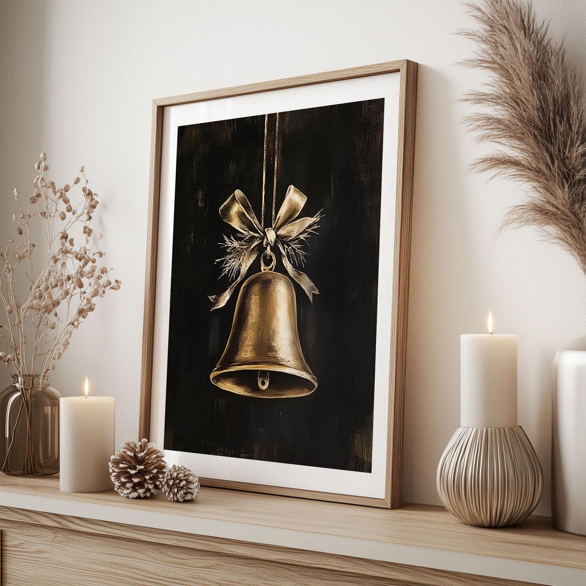 Golden Christmas Bell with Ribbon Bow on Black Vintage Poster - Image 2