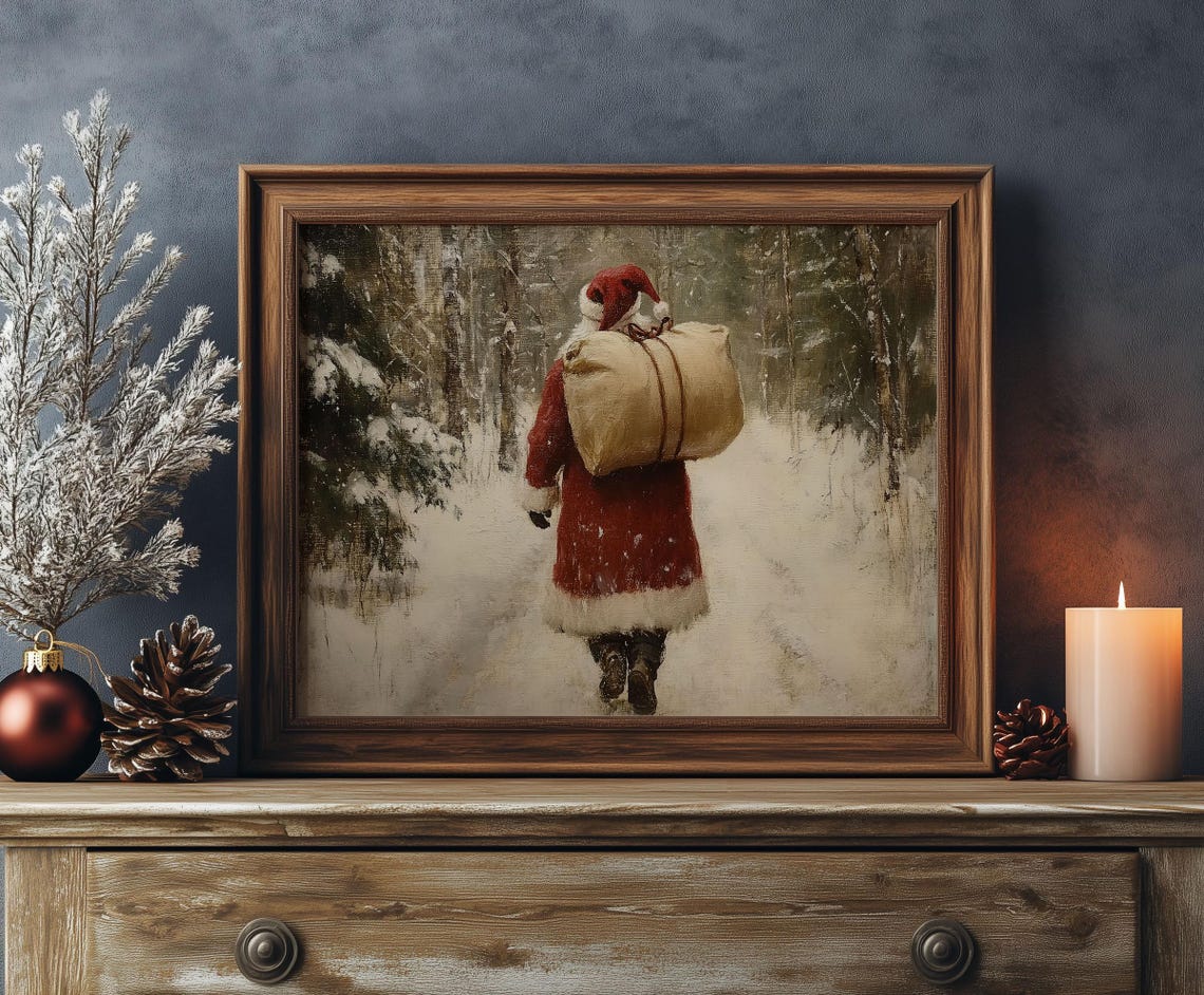 Santa Claus Carrying Gift Sack Through Snowy Forest Vintage Poster - Image 6