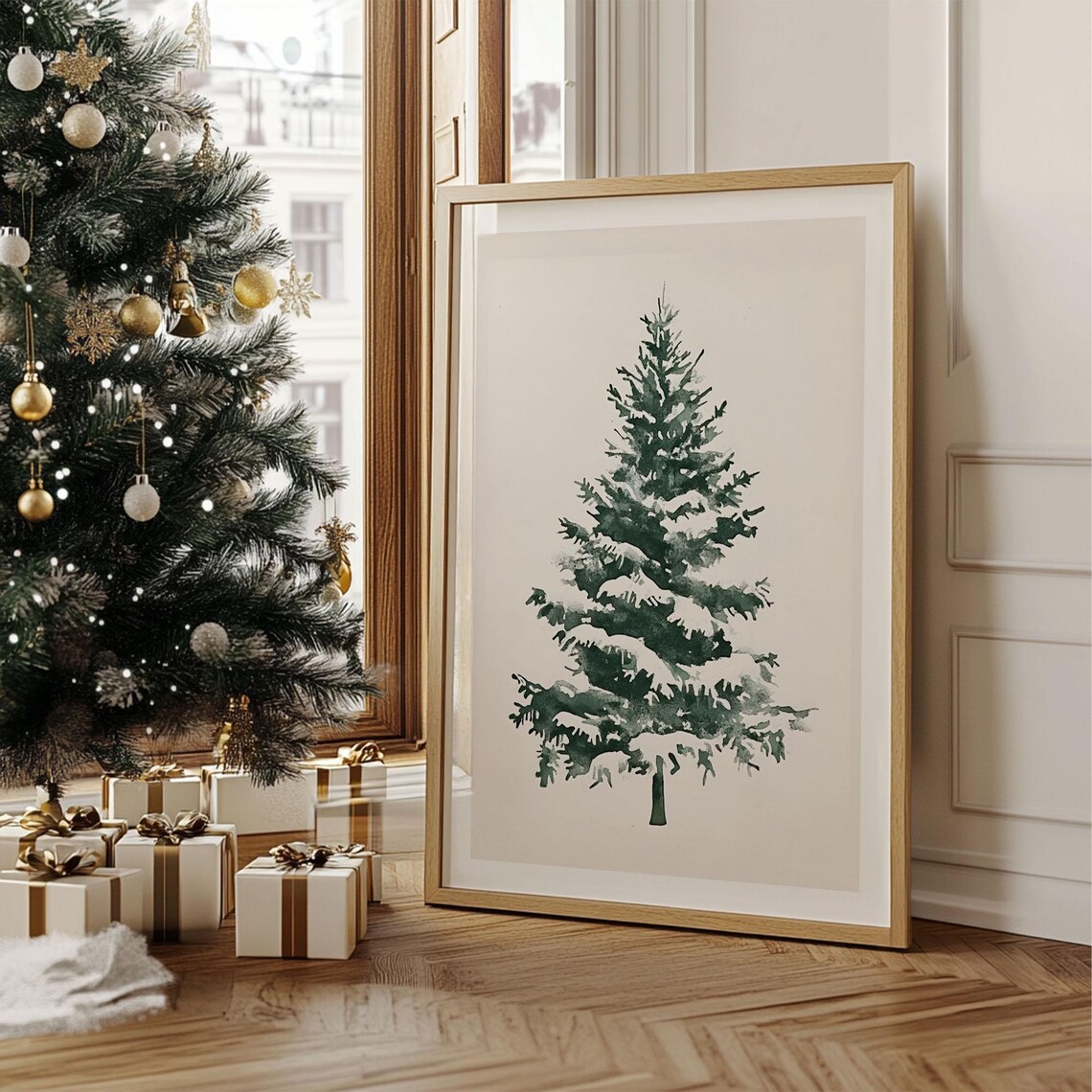 Green Watercolor Snowy Evergreen Tree Minimalist Winter Poster - Image 3