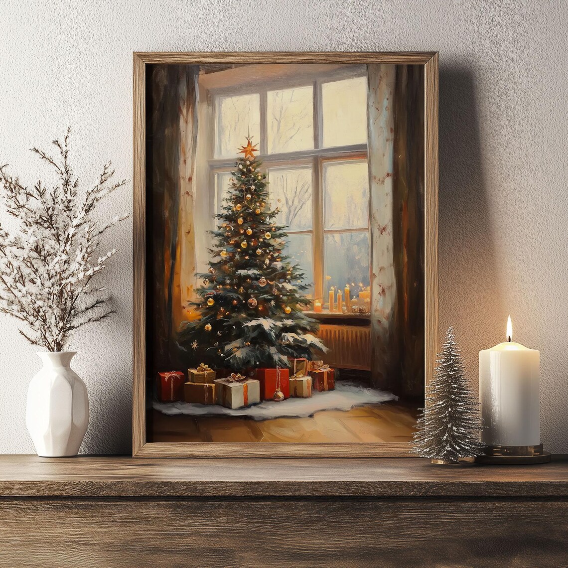 Christmas Tree by Window With Gifts and Candles Oil Painting Poster - Image 3