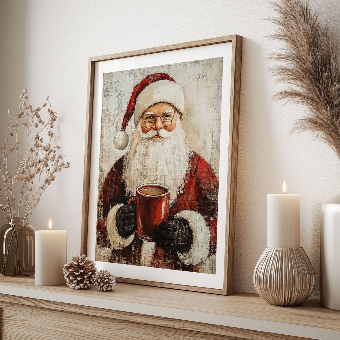 Santa Claus Holding Red Cocoa Mug Glasses Rustic Portrait Poster - Image 4