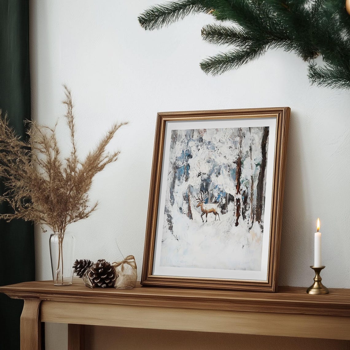 Impressionist Deer in Snowy Woods Heavy Texture Winter Art Poster - Image 6