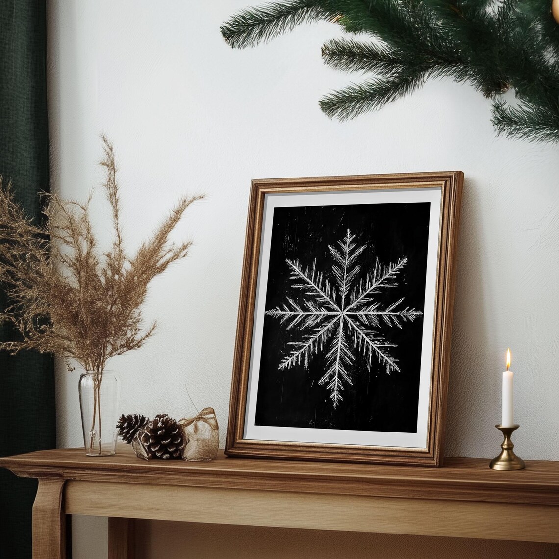 White Snowflake Black Background Minimalist Winter Art Poster - Image 6