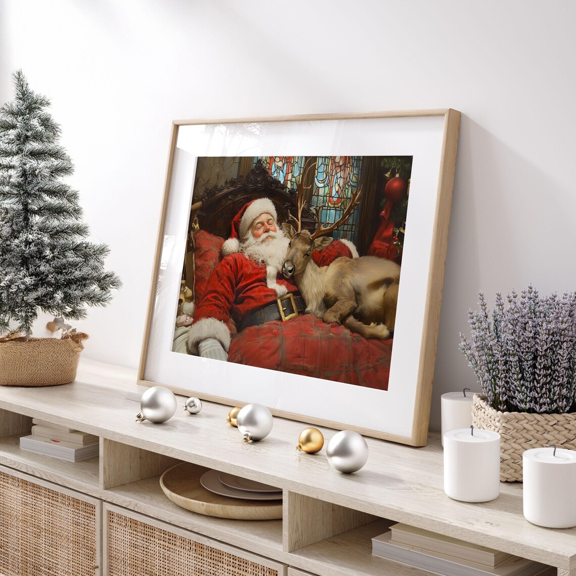Sleeping Santa with Reindeer Stained Glass Cozy Christmas Poster - Image 5
