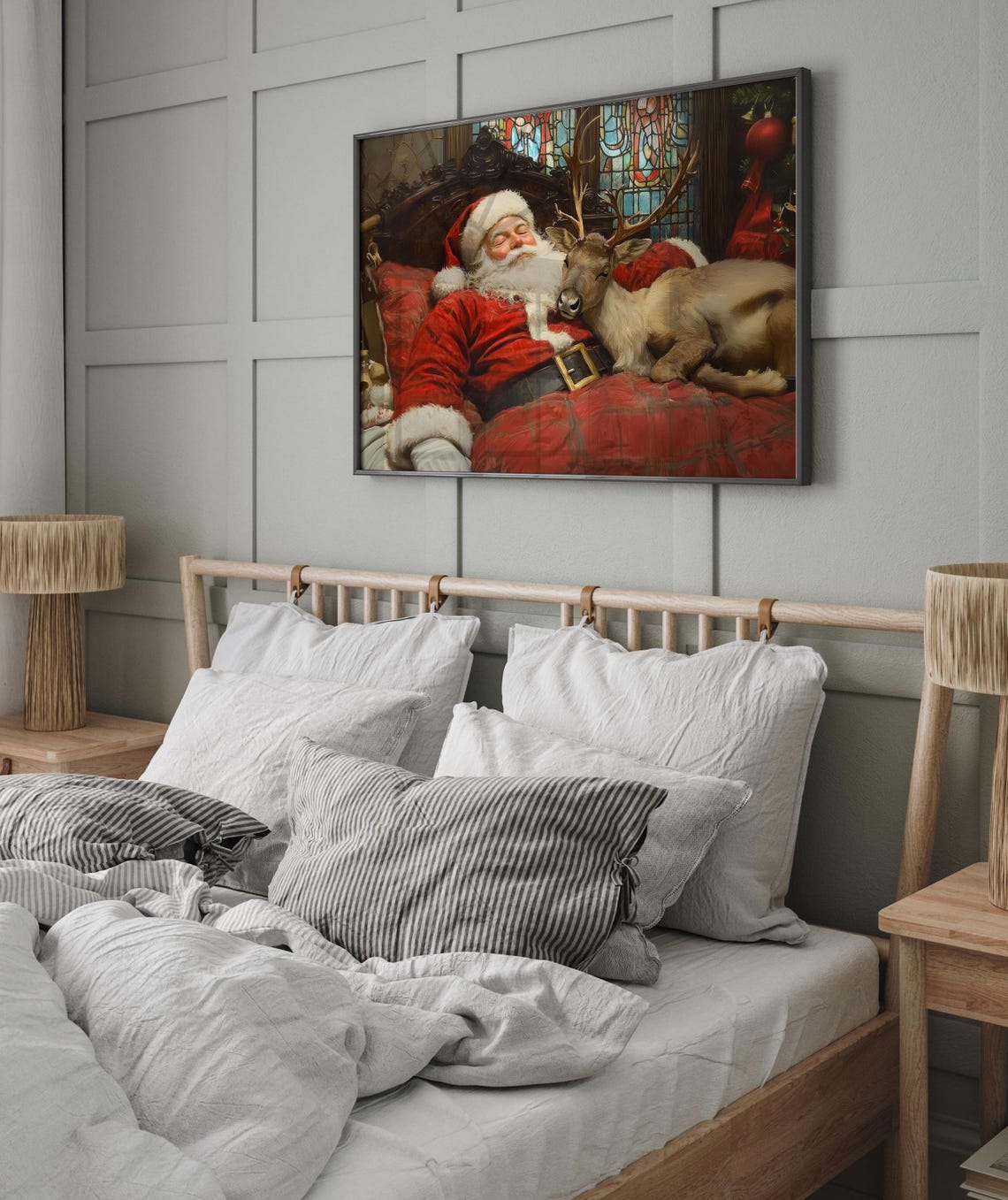 Sleeping Santa with Reindeer Stained Glass Cozy Christmas Poster - Image 6