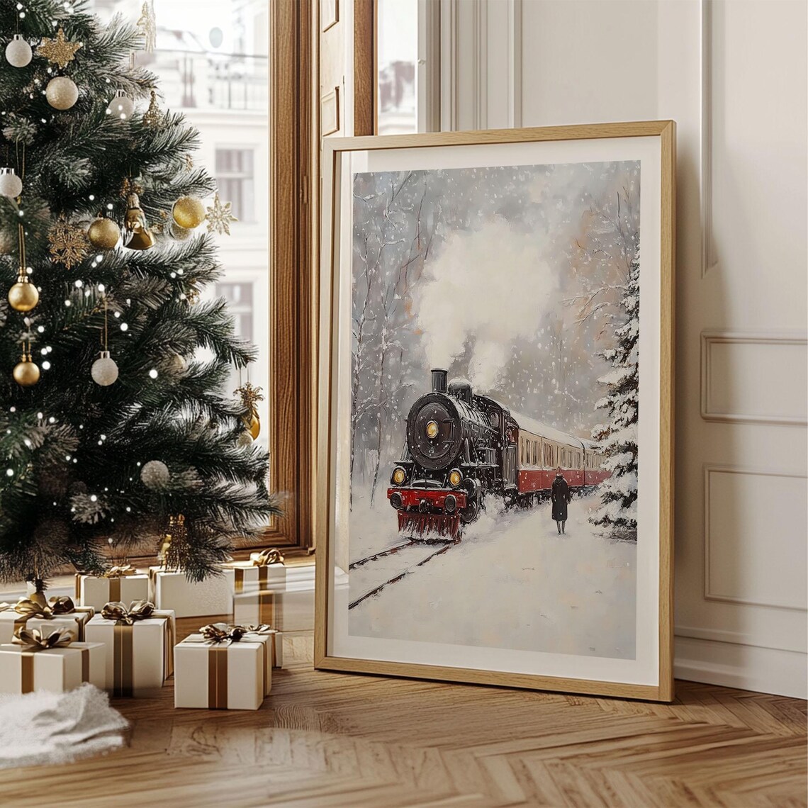 Vintage Steam Locomotive in Snowy Forest Winter Train Painting Poster - Image 2