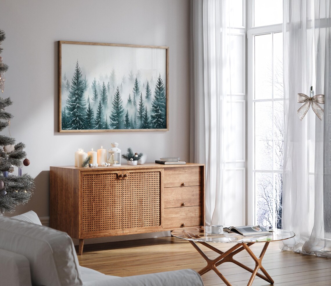 Misty Pine Forest Watercolor Minimalist Winter Landscape Poster - Image 7