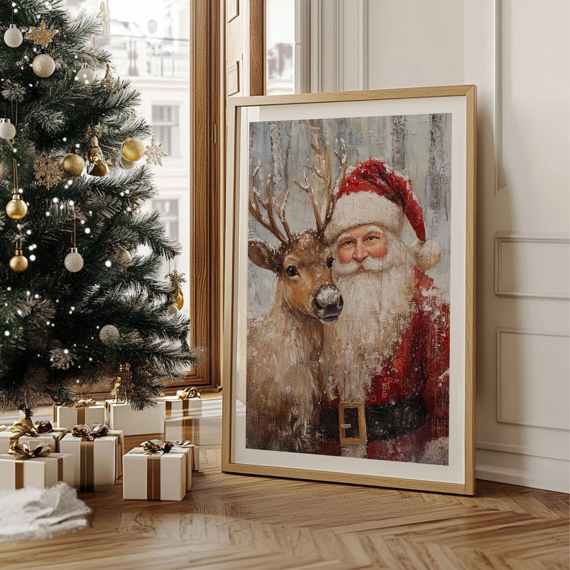 Santa Claus with Reindeer Snow Dusted Portrait Christmas Scene Poster - Image 2
