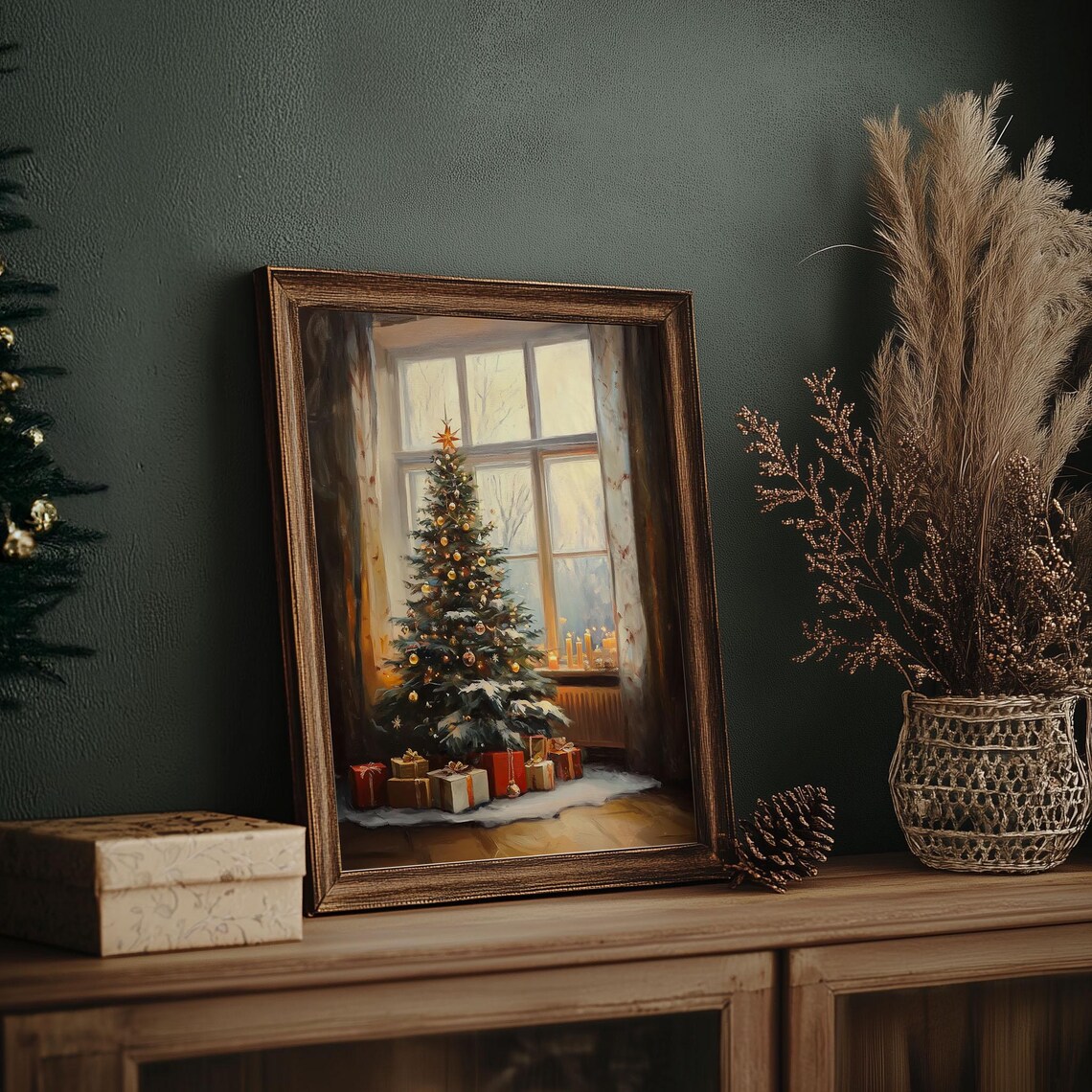 Christmas Tree by Window With Gifts and Candles Oil Painting Poster - Image 7
