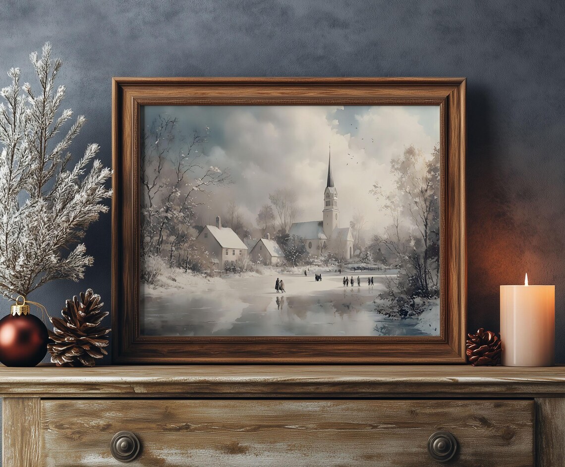 Winter Church Skaters Pond Watercolor Village Snowy Scene Poster - Image 2
