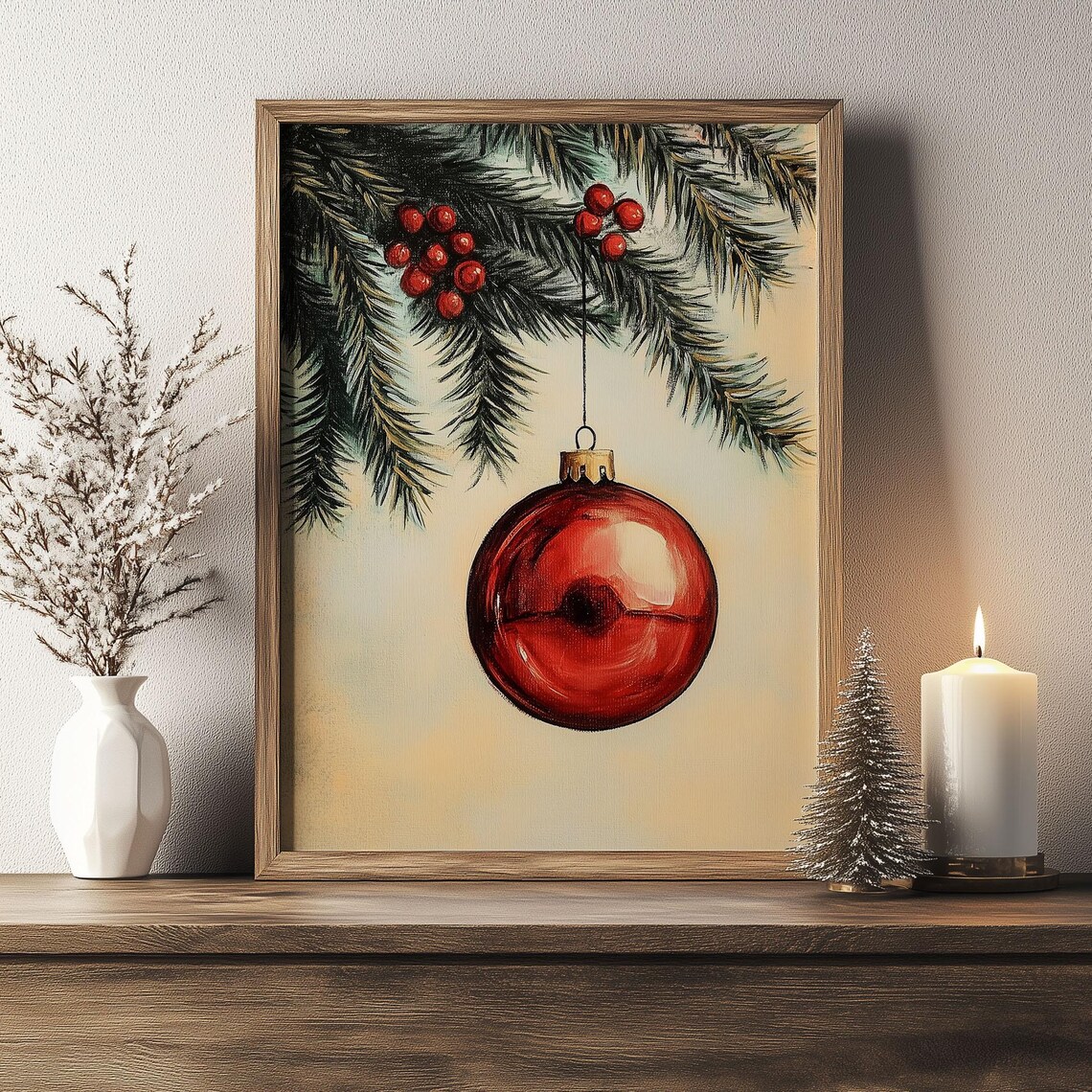 Glossy Red Christmas Bauble Hanging From Pine Branch Vintage Poster - Image 3