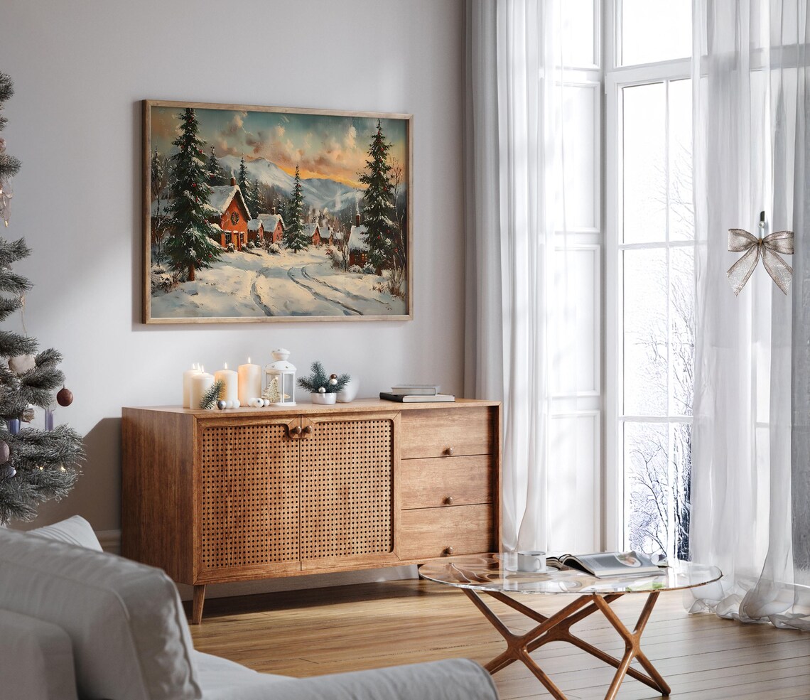 Red Christmas Cabin Sunset Mountain Pines Holiday Oil Painting Poster - Image 6
