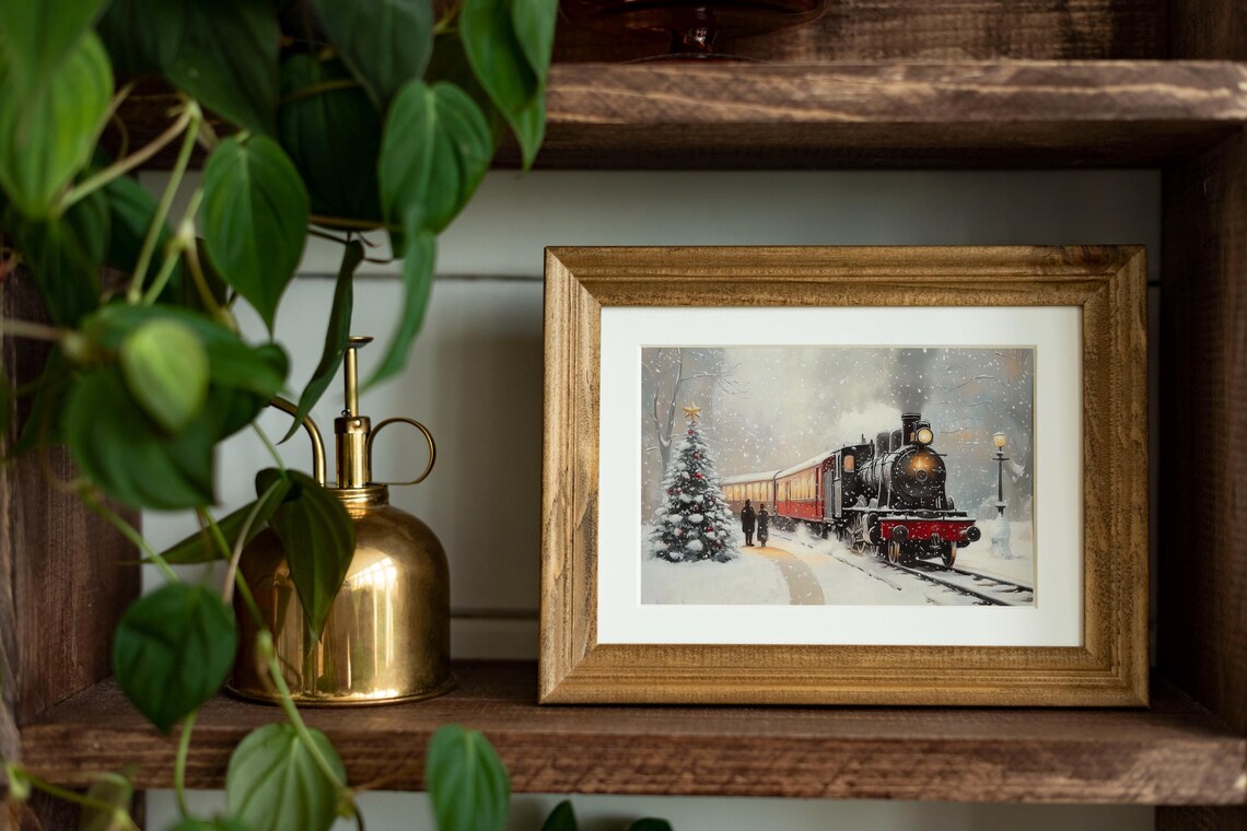 Vintage Steam Locomotive in Falling Snow Christmas Tree Poster - Image 3