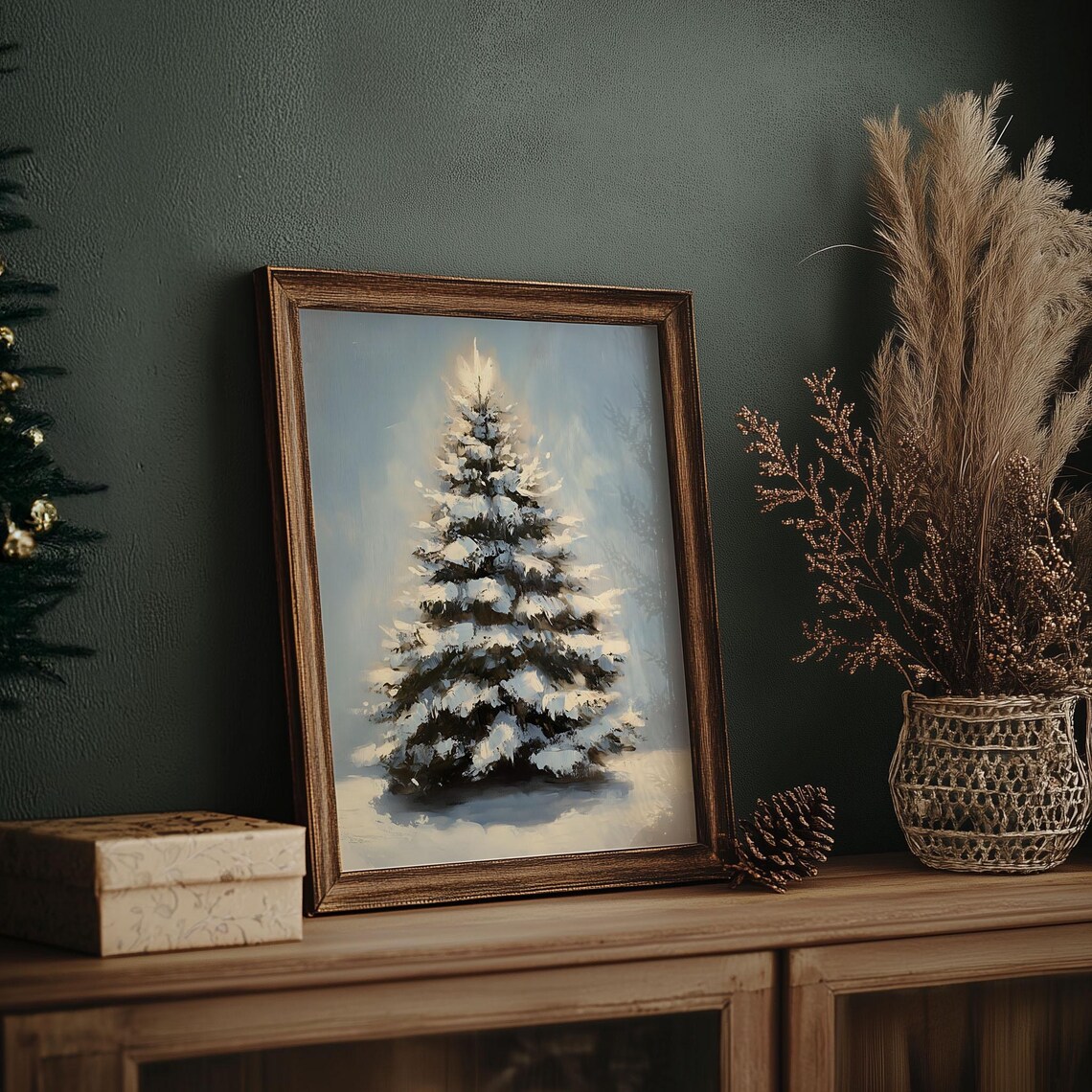 Snow Covered Pine Tree with Winter Glow Oil Painting Christmas Poster - Image 7