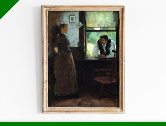 Woman and Man at Window Rustic Vintage Interior Oil Painting Poster