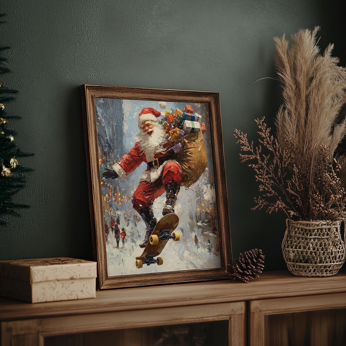 Cool Santa Claus Skateboard Jump with Gift Bag Snowy Street Poster - Image 7