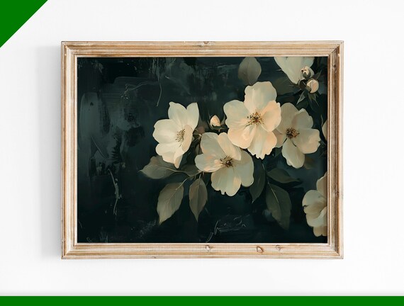 White Blossoms on Dark Ground Moody Floral Oil Painting Poster