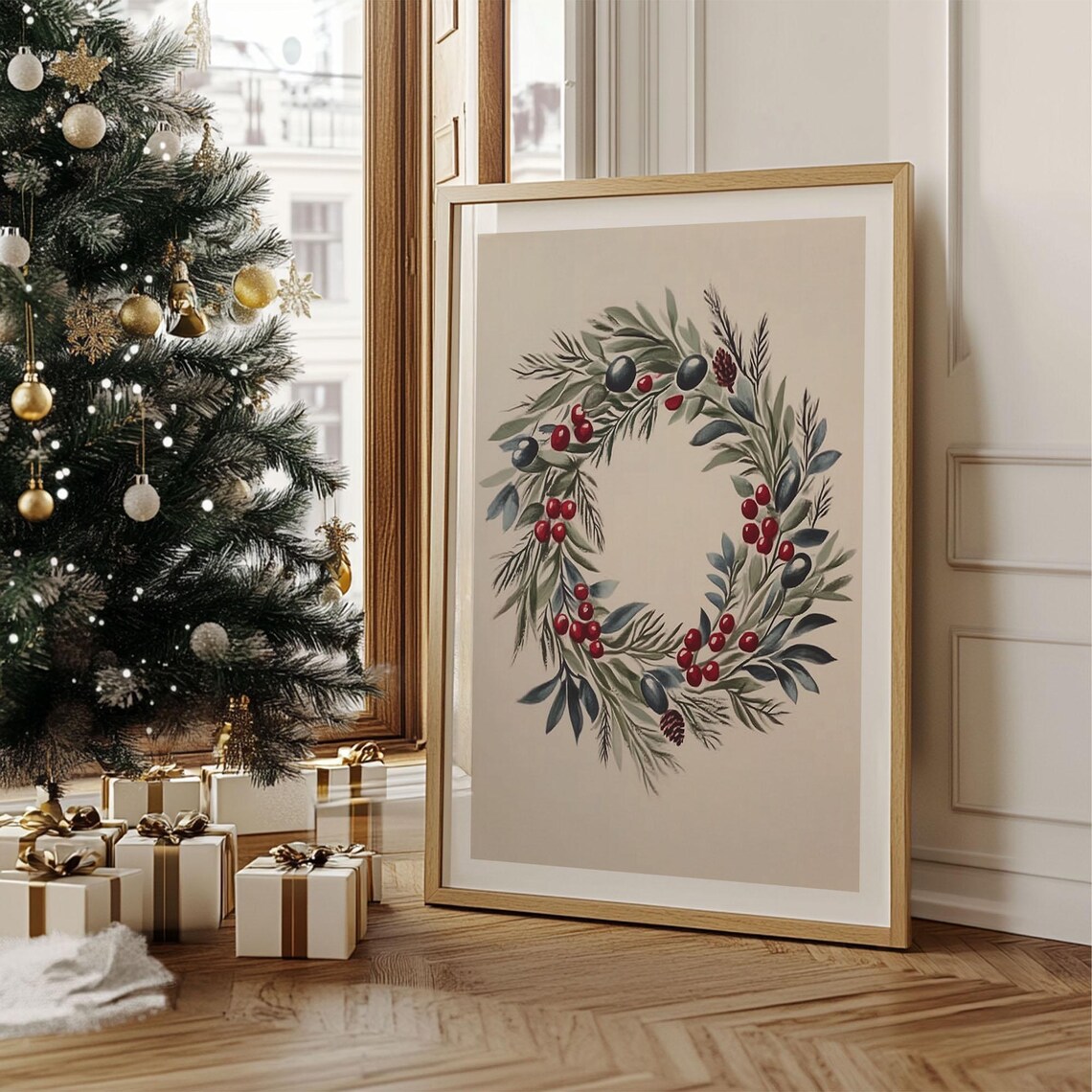 Watercolor Christmas Wreath Berry Pine Rustic Holiday Art Print - Image 2