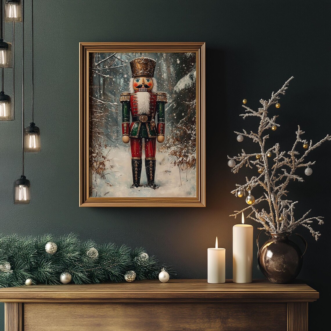 Tall Nutcracker Soldier Standing in Snowy Forest Christmas Poster - Image 3