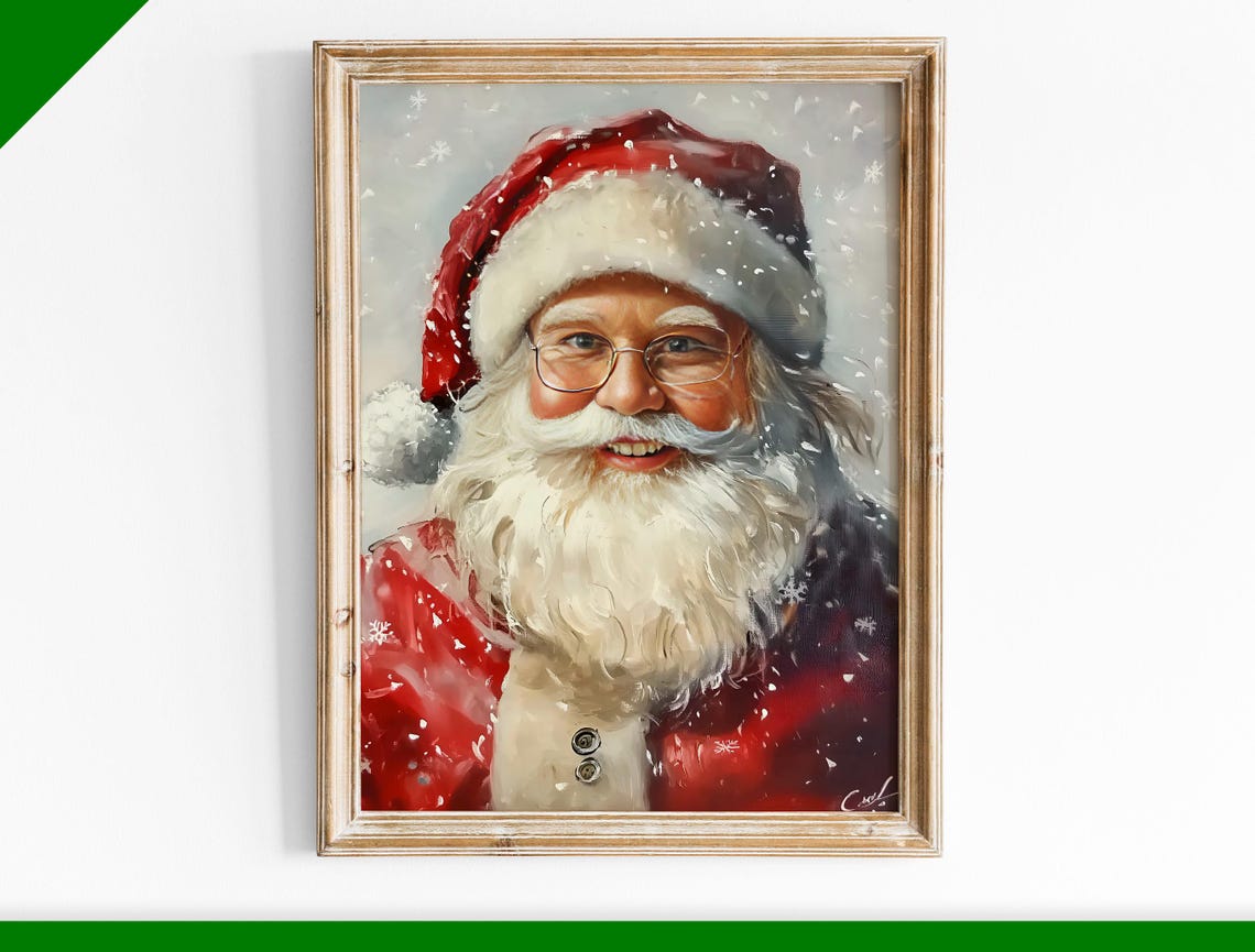 Smiling Santa Claus Portrait with Glasses in Falling Snow Poster