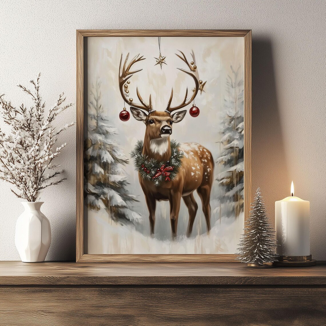 Festive Deer with Ornaments on Antlers and Wreath Christmas Poster - Image 6