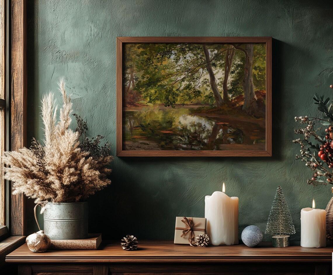 Forest Pond Reflections Green Summer Oil Painting Landscape Poster - Image 3