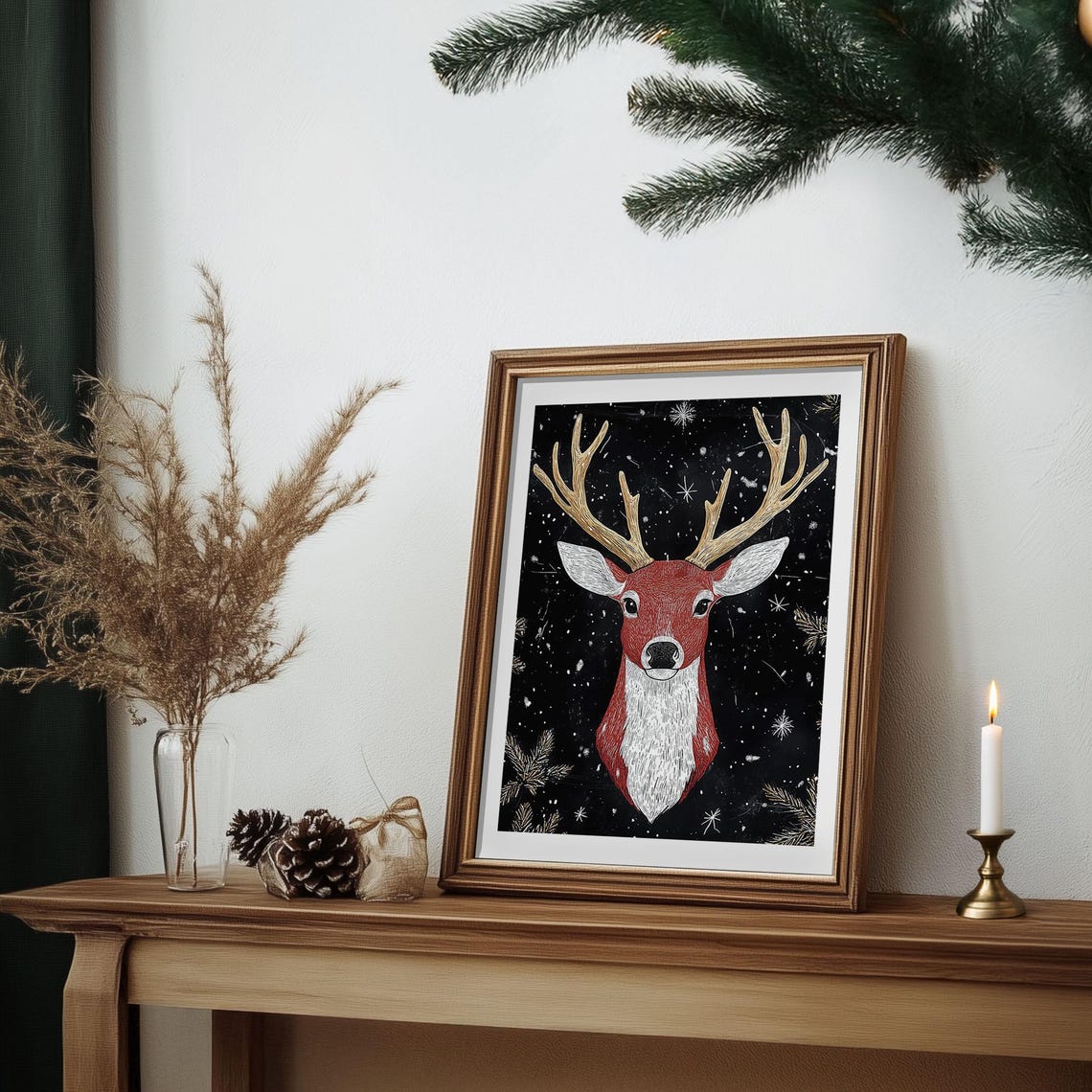 Red Reindeer with White Antlers Chalk Style on Black Christmas Poster - Image 6