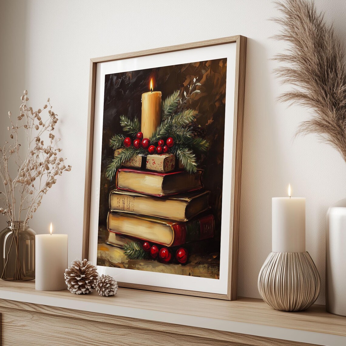 Stack of Vintage Books with Candle and Berries Cozy Christmas Poster - Image 4