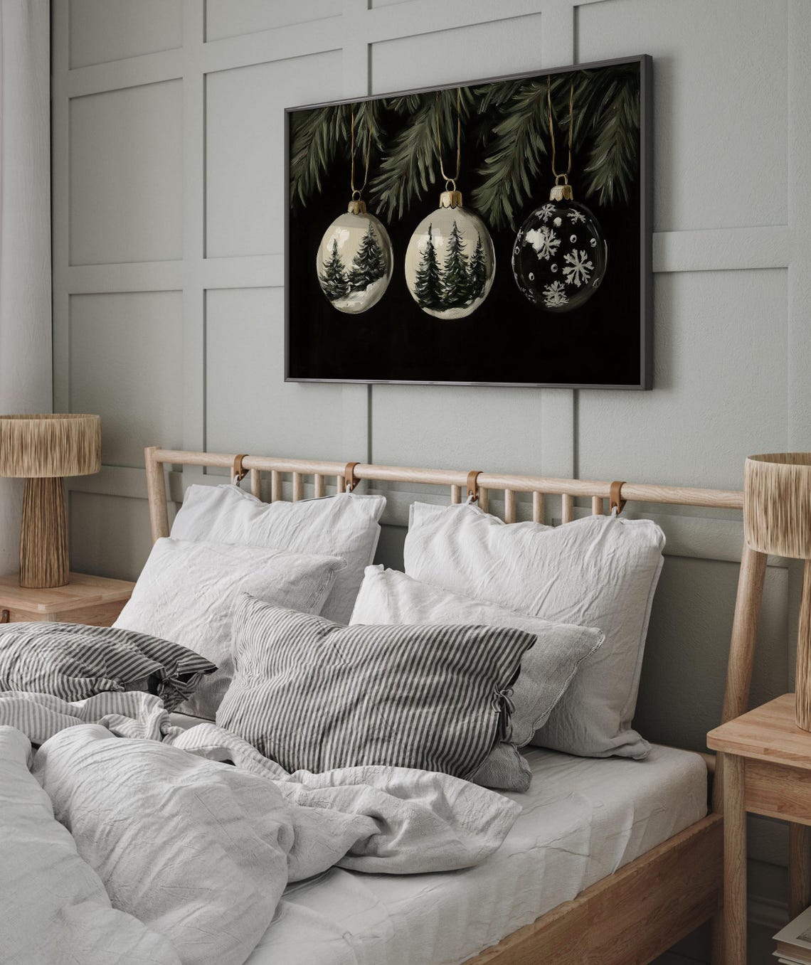 Hand Painted Baubles with Trees and Snowflakes on Black Poster - Image 3