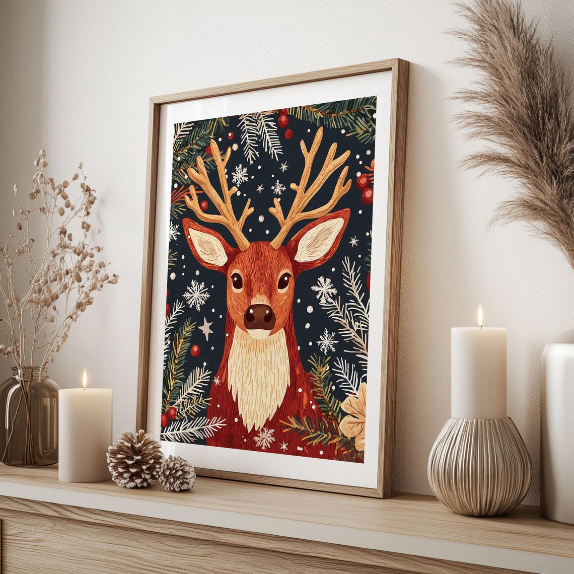 Folk Art Reindeer Head with Pine and Berries Navy Christmas Poster - Image 3