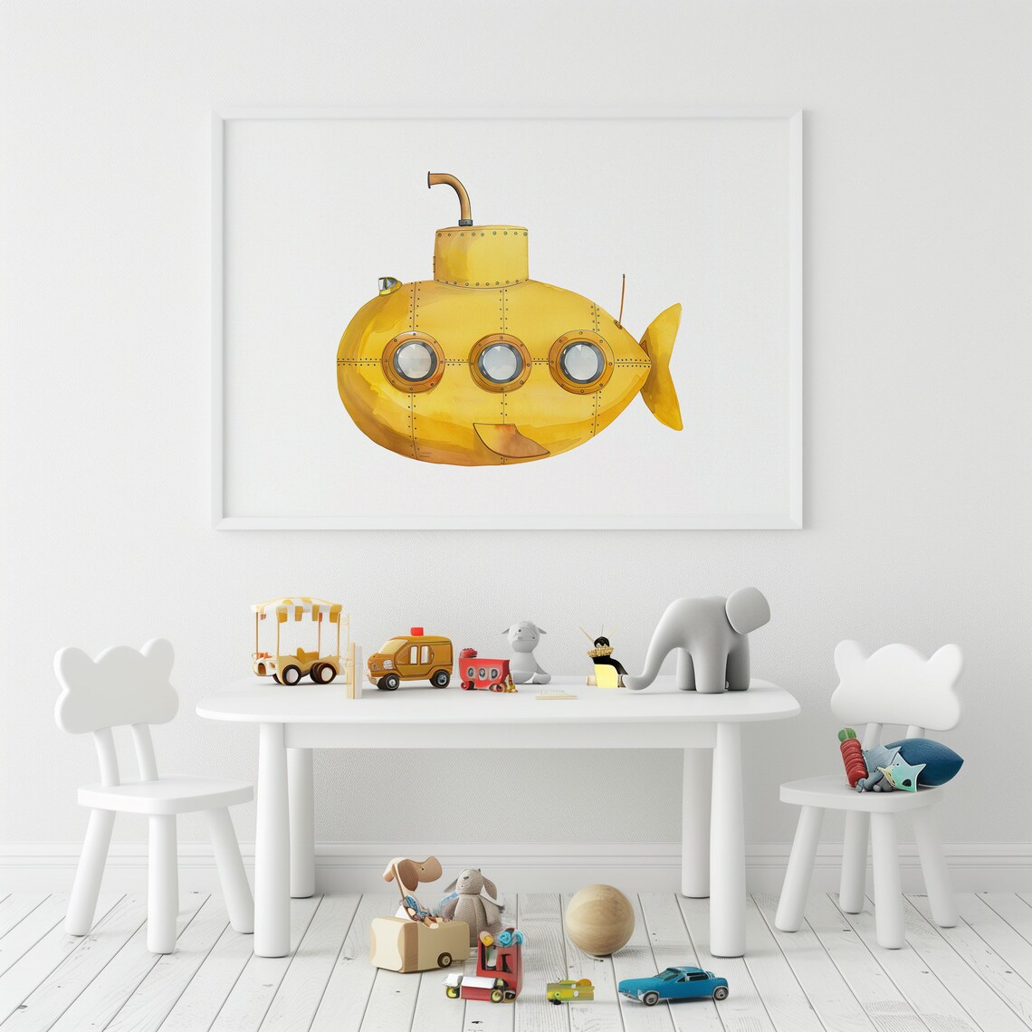 Yellow Submarine Kids Nautical Ocean Decor Watercolor Wall Art - Image 2