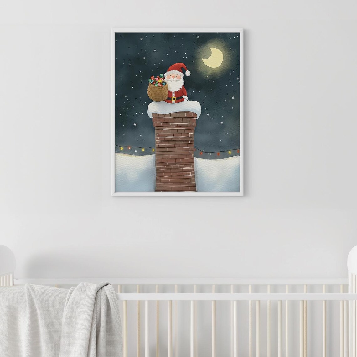 Santa Claus Chimney Starry Night Christmas Moon Watercolor Poster - Image 3