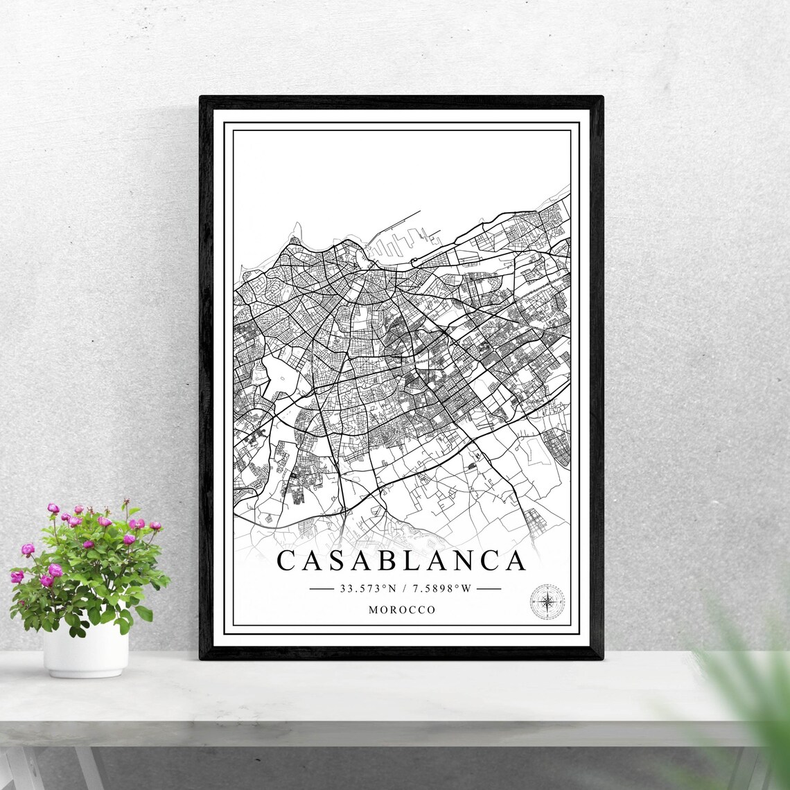 Casablanca Morocco Black and White City Map Travel Poster Art