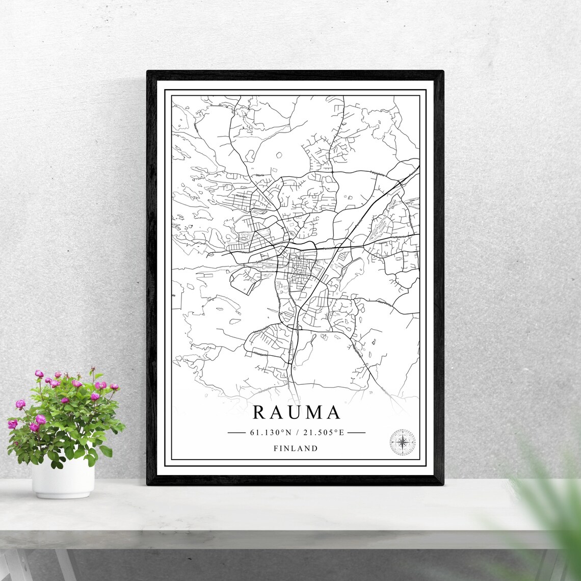 Rauma Finland Detailed Black and White City Street Map Poster