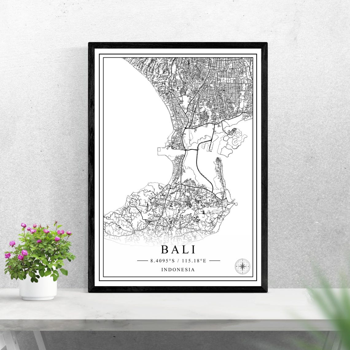 Bali Indonesia Detailed Black and White Island Street Map Poster