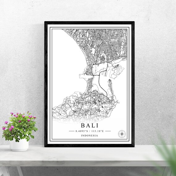 Bali Indonesia Detailed Black and White Island Street Map Poster