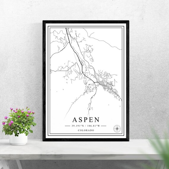 Aspen Colorado Black and White Minimalist Mountain Map Print