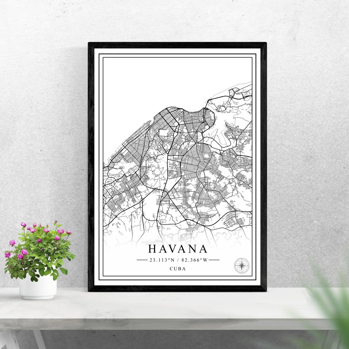 Havana Cuba Detailed Street Map Black And White City Map Poster
