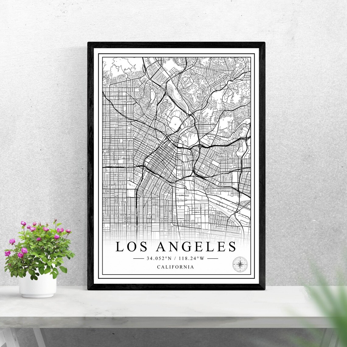 Los Angeles California Black and White City Street Map Decor Poster