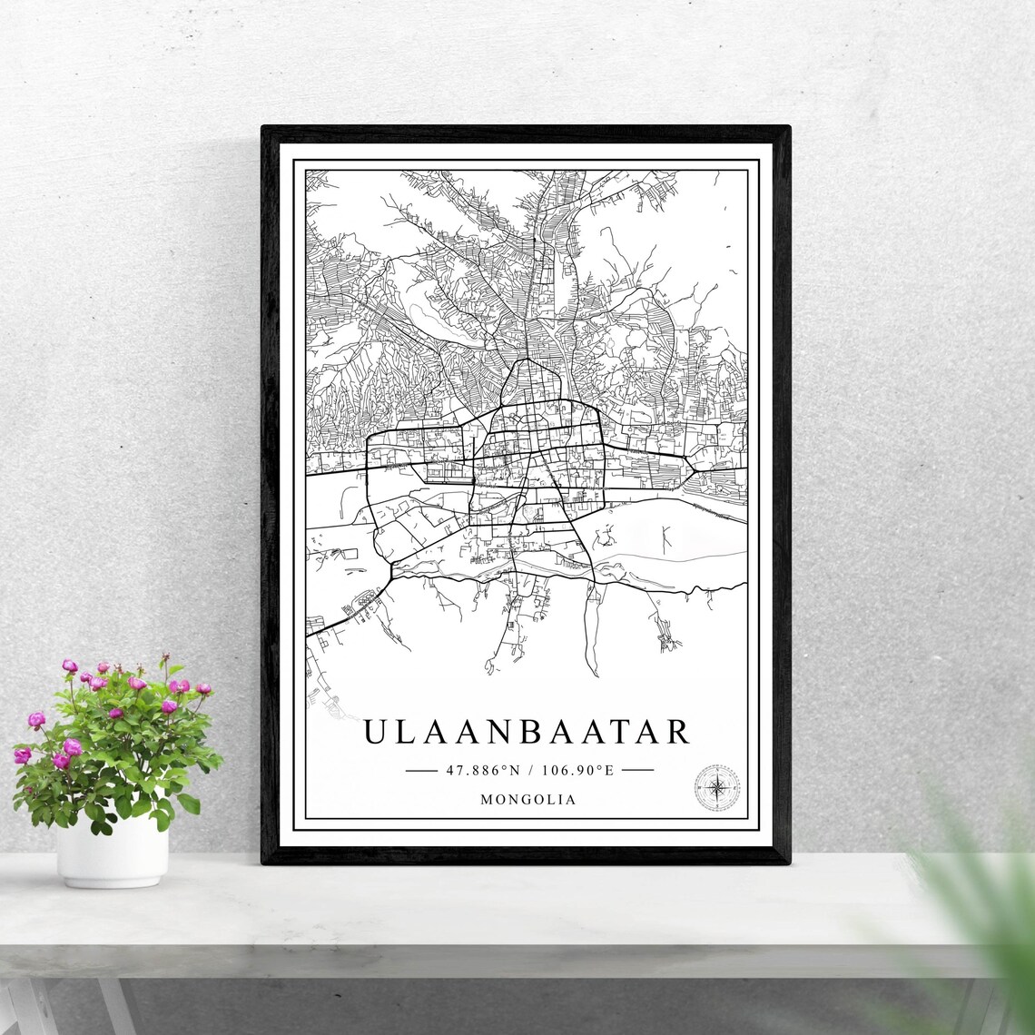 Ulaanbaatar Mongolia Black And White City Street Map With Coordinates Poster
