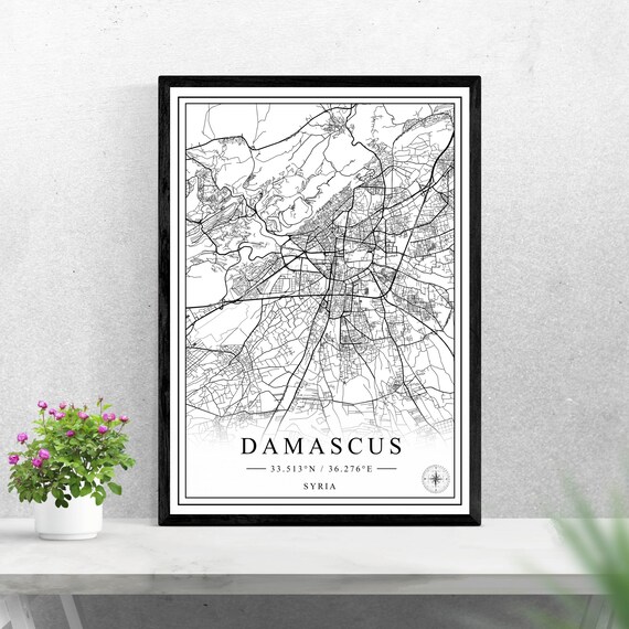Damascus Syria Black and White Street Map Coordinates Poster