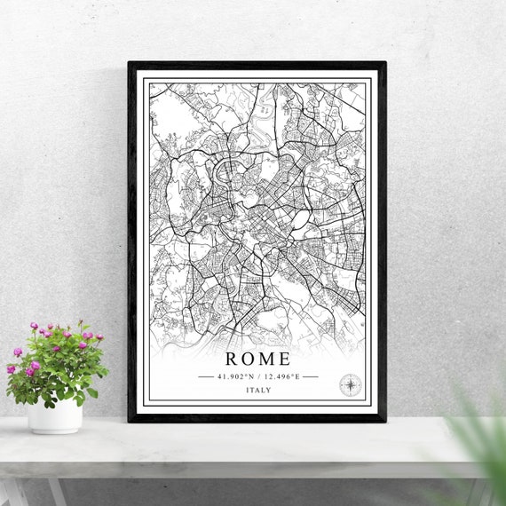 Rome City Map, Black and White Italy Travel Poster