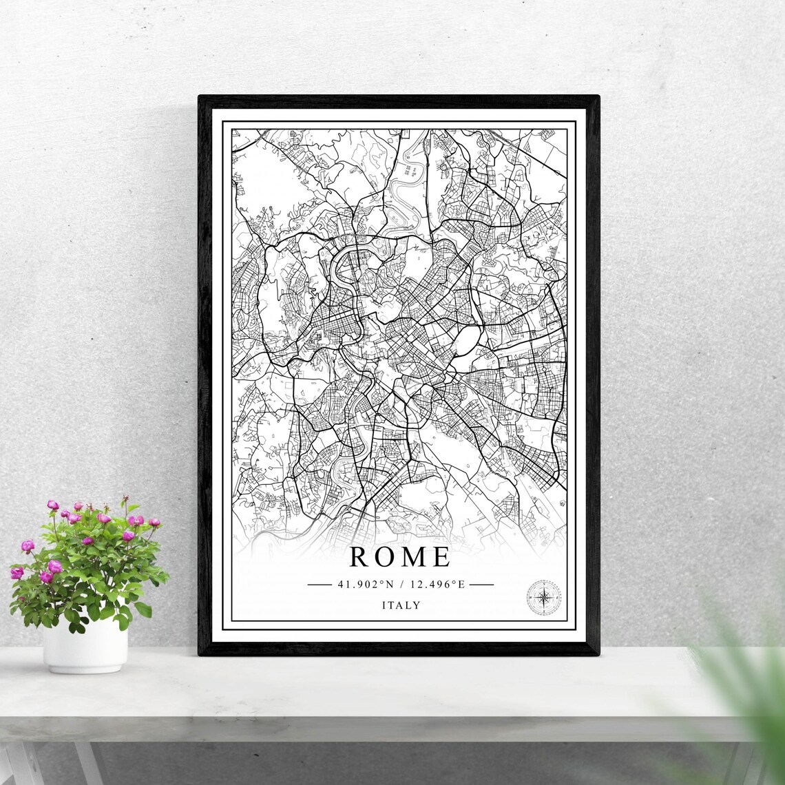 Rome City Map, Black and White Italy Travel Poster