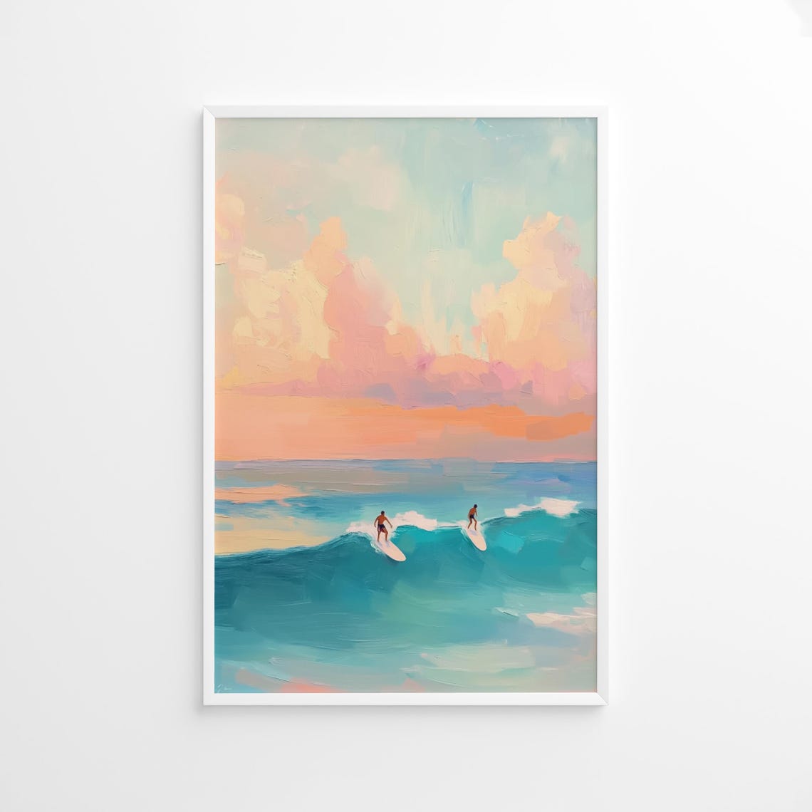 Surfer Duo Poster, Pastel Ocean Wave Coastal Scene