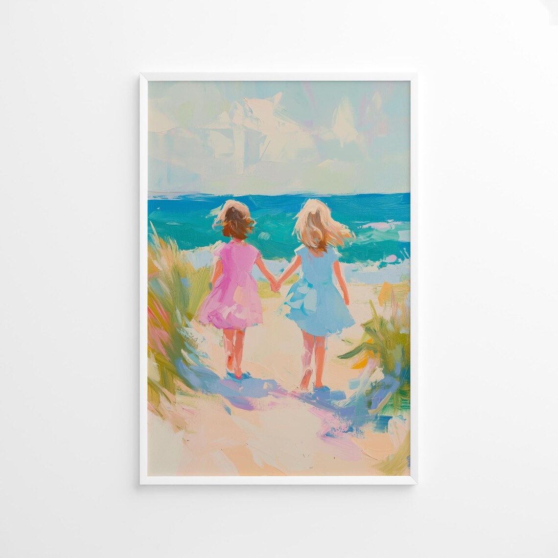 Sisters On Beach Poster, Pastel Coastal Kids Decor
