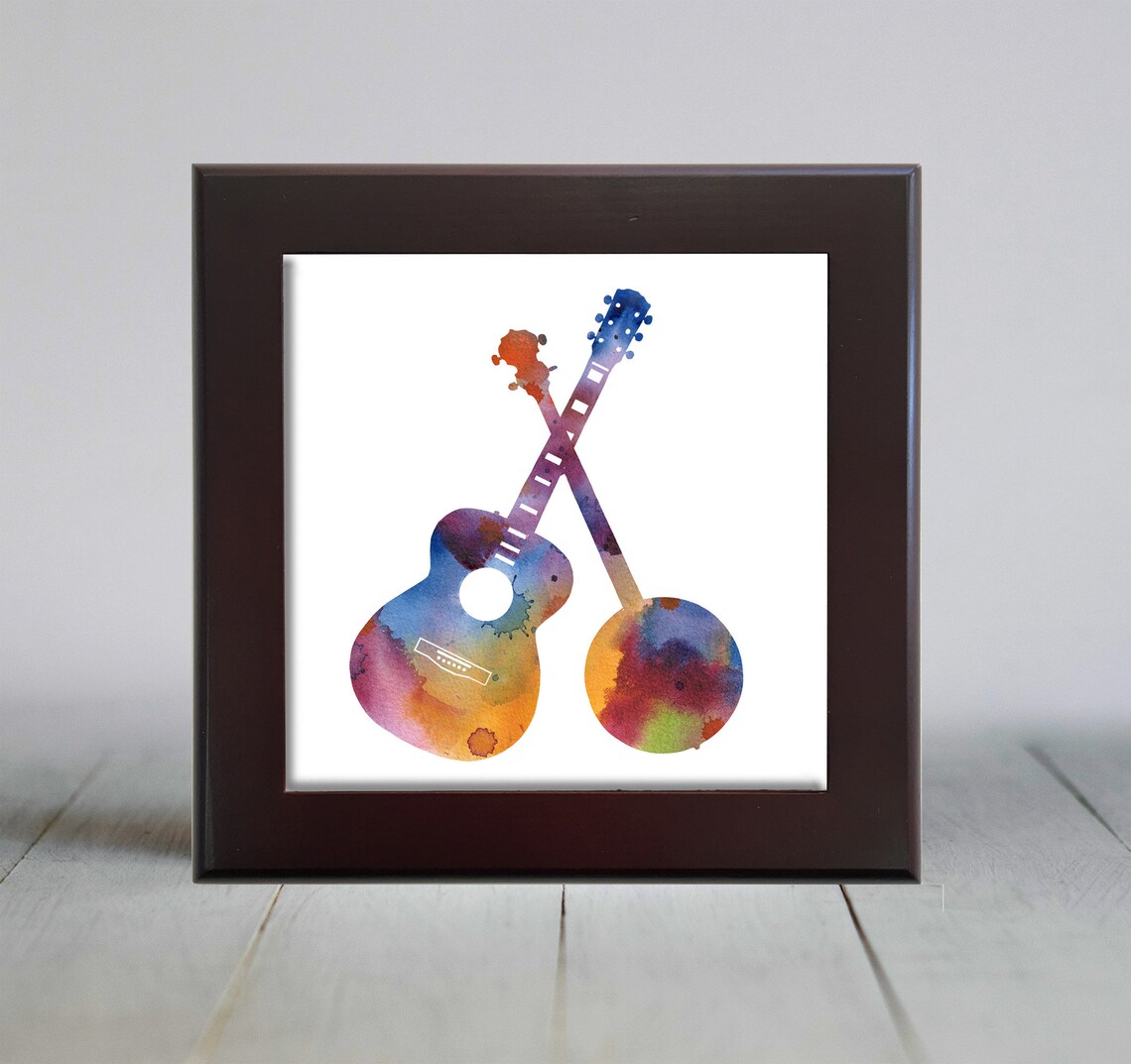 Colorful Watercolor Banjo and Guitar Crossed Music Instruments Wall Art - Image 2